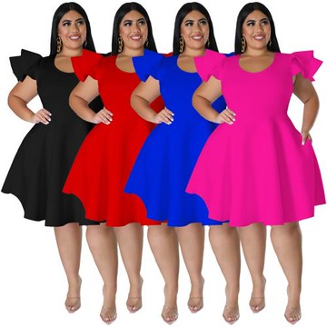 Xl-4xl Plus-size ladies dress春夏歐美大碼女純色荷葉邊連衣裙