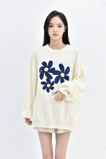 (2XL) 【董仔私服】wego針織小花白色毛衣