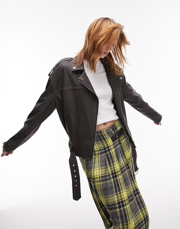 Topshop faux leather boxy washed biker jacket with contrast stitch detail in washed brown