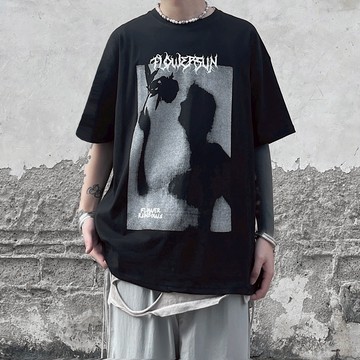 FINDSENSE X 韓潮 男士 街頭流行 塗鴉人影玫瑰花印花 寬鬆 嘻哈 短袖T恤