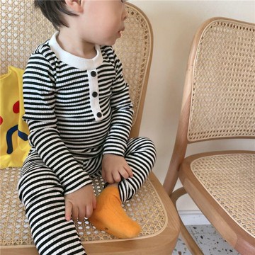 兒童家居服套裝 中兒童長袖男童裝 女童條紋秋衣褲 兩件套男孩Ki