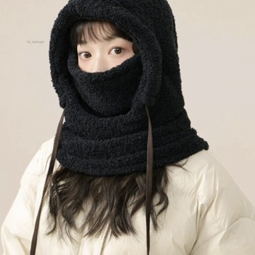 搖粒絨帽子女秋冬季保暖防寒帽子圍脖一體連帽新款時尚騎車套頭帽  保暖帽子 騎行帽子 防風帽子 帽子 冬季帽子
