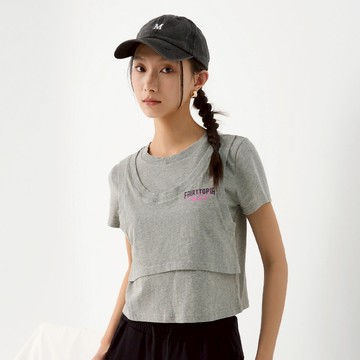 【ERSS】女裝 短袖 女生 t恤 短袖上衣 假兩件 運動風 短版T 麻灰【K70323】