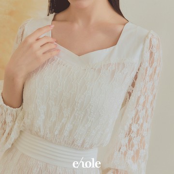 氣質方領彈性蕾絲洋裝-白