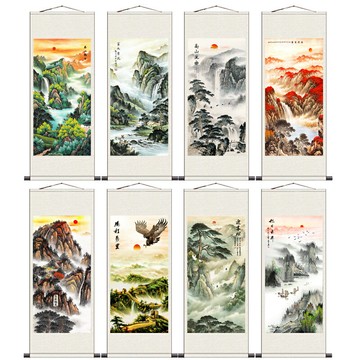 【絲綢卷軸畫】山水畫旭日東昇豎版招財山水掛畫花鳥畫發財樹掛畫聚寶盆風水畫花開富貴牡丹畫高山流水山水畫-已裱卷軸可直接懸掛