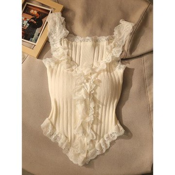 純欲針織蕾絲花邊吊帶背心女內搭夏外穿性感修身短款打底無袖上衣