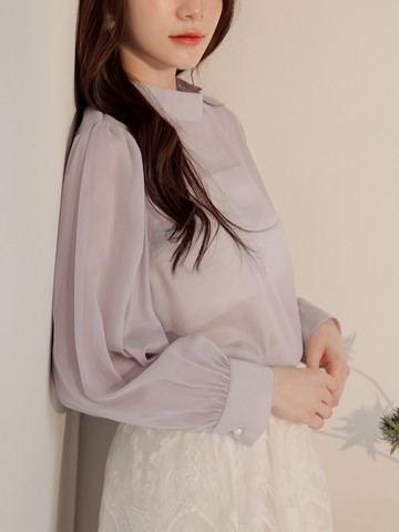 透明感立領澎袖上衣