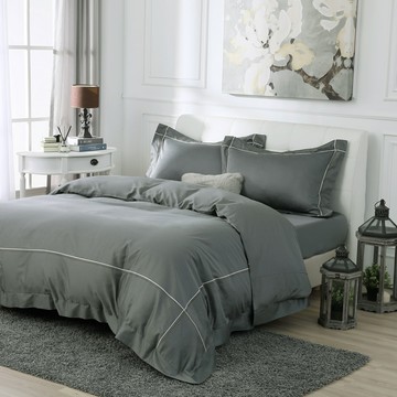 雙人薄被套特大床包組/美國棉授權品牌 300織 純色刺繡 / 氣質灰 [鴻宇] 台灣製 - 2101