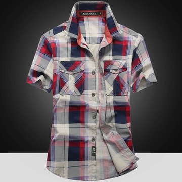 [巴黎精品] 襯衫短袖上衣-夏季格紋休閒棉質男裝2色a1fa83