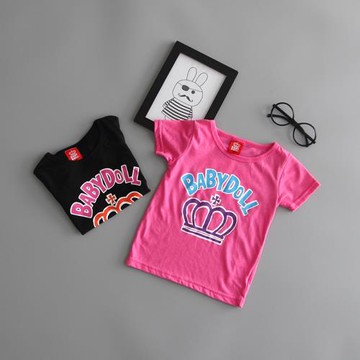 童裝出口日本夏新款男女童皇冠字母短袖上衣 兒童休閑百搭T恤