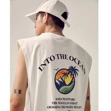 夏季100%純棉卡通印花坎肩無袖背心寬鬆潮流運動休閒穿搭薄款T恤 7H
