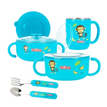 Nuby 不銹鋼餐具禮盒 9pc  附蓋水杯 + 附蓋碗 + 附蓋餐碗 + 叉 + 匙 + 矽膠吸盤  藍色  1盒