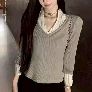 秋冬季韓系假兩件V領針織衫上衣