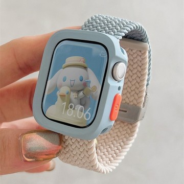 適用於 Apple watch S11 10 9 8 7 6 尼龍編織錶帶+防摔保護殼 蘋果42 44 45 46mm