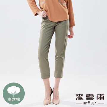 MYVEGA麥雪爾 高含棉彈力不對稱口袋印花長褲-草綠