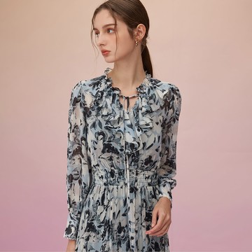 SO NICE 航線藍V領荷葉邊收腰雪紡印花洋裝