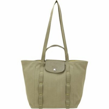 LONGCHAMP Le Pliage Collection 縫線織帶 帆布手提 肩背托特包(地衣綠)