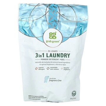 Grab Green, 3 合 1 洗衣粉凝珠，無香，24 次用量，13.5 盎司（384 克）
