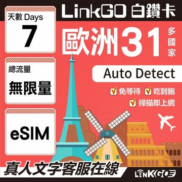 LINKGO白鑽卡 歐洲31國 eSIM卡 7天上網卡 高速不限流量吃到飽不降速(歐洲網卡 西班牙 德國 奧地利 英國)