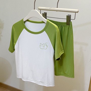 親子透氣涼爽短袖家居服套裝/空調服-拼袖綠