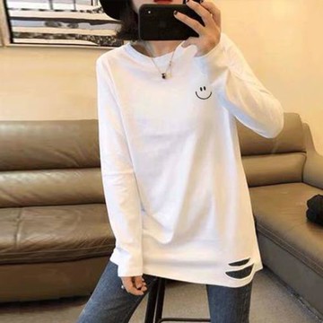 白色打底衫女2025春秋季上衣內搭破洞遮肉純棉長袖t恤寬松中長款