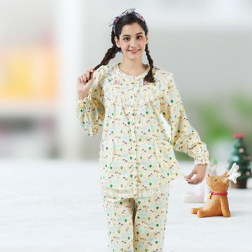 欣琦絲純棉青年長袖長褲圓領奶黃印花甜美冬季睡衣親膚蕾絲家居服