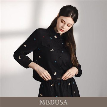 現貨【MEDUSA 曼度莎】可愛派對動物刺繡抽繩牛仔襯衫（M-XL）｜長袖上衣 長袖襯衫 休閒上衣
