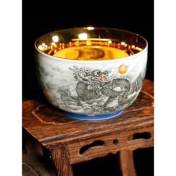 游云驚龍鎏金主人杯高檔手工墨彩鎏金茶杯中式茶室羅漢杯