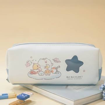 JOY STAR 胖胖星球 皮質雙拉鍊筆袋 雙層大容量設計 文具好分類 柔軟皮革材質  灰藍色  1個