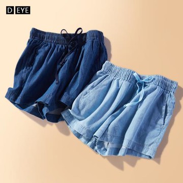 牛仔短褲女2025夏季薄款高腰純棉松緊腰帶休閑外穿天絲淺藍五分褲