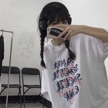 簡約情侶裝短袖T恤女夏季新款原宿寬松體恤百搭半袖上衣