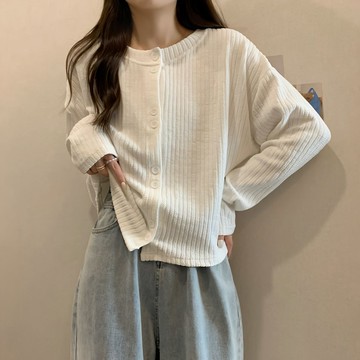 大尺碼坑條設計感開衫長袖t恤女2024早秋新款寬松顯瘦時尚上衣女ins