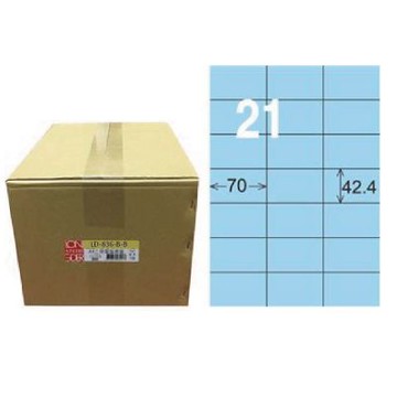 【龍德】LONGDER 三用電腦標籤 A4 21格 直角 42.4*70mm淺藍1000張/箱 LD-836-B-B(適用雷射、噴墨、影印)