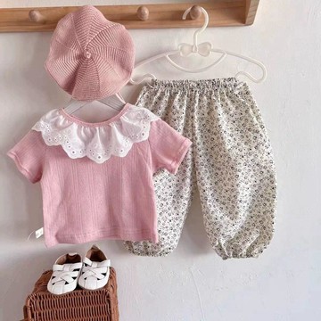 🎀biubiu童裝🎀小清新女寶寶夏季新品花邊領純色透氣短袖小碎花褲子寶寶洋氣套裝