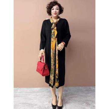 高貴洋氣飄帶針織連衣裙中老年胖媽媽裝春秋冬新款加大碼遮肚裙子