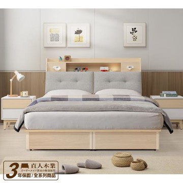 【直人木業】NINA北歐簡約風收納5尺雙人大四抽床組(附USB插座+小夜燈)