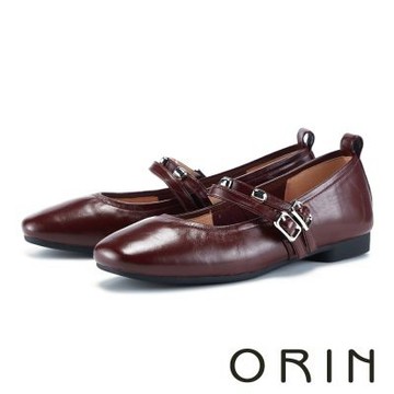 ORIN 真皮復古雙釦瑪莉珍平底鞋 酒紅