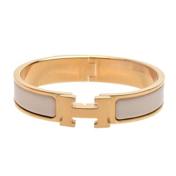 HERMES Clic H LOGO琺瑯細版手環(奶油白/金)