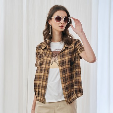 CLL巧玲瓏 焦糖棕格紋口袋襯衫 7063823