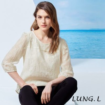 LUNG.L林佳樺 米白電繡格紋泡泡布A-line七分袖女裝上衣 LU54A