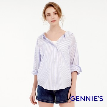 Gennies奇妮 兩穿式直條抓皺排釦襯衫-淺藍條紋(T3F08)