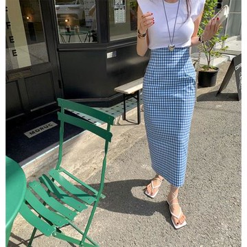韓國藍白格子包臀半身裙女夏季洋氣時髦百搭高腰中長款后開叉長裙