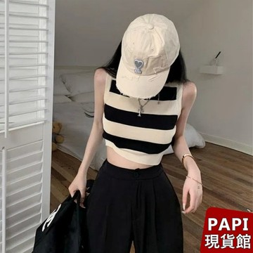【PAPI】條文圓領短版針織背心 春夏新款韓系INS休閒百搭氣質撞色短版打底針織衫 條紋上衣 無袖背心 批發【A482】