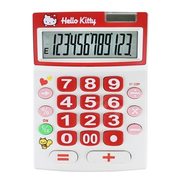 E-MORE 12位數 KITTY桌上型計算機 太陽能電池 AG-13鈕扣型電池 18.5 x 13.5 x 3.5 cm  紅色 + 白色  1個