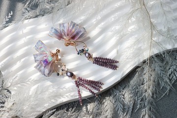 幻彩緞帶 流蘇耳環 水晶花 樹脂花耳環