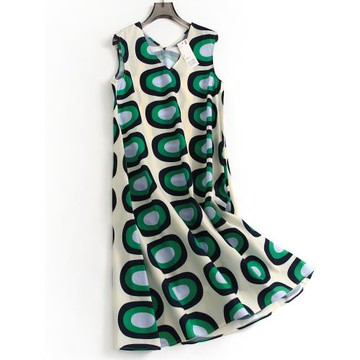 圖案印花裙寬松顯瘦V領無袖背心裙氣質感時髦長裙女裙連衣裙D350