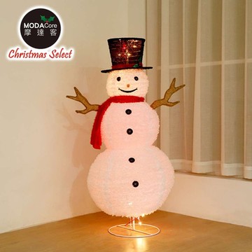 摩達客聖誕-小型LED燈白色絨毛彈簧摺疊雪人玩偶擺飾(100燈LED燈暖白光USB充電)