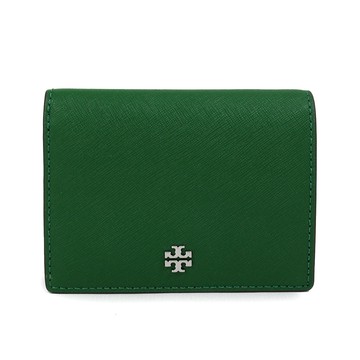 TORY BURCH EMERSON 銀色LOGO深綠色防刮皮革壓扣式對開短夾