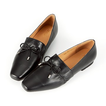 全真皮優雅蝴蝶結方頭平底樂福鞋 黑色
