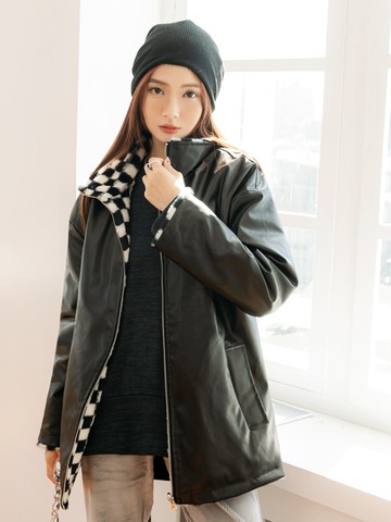 率性時髦格紋絨毛皮革兩穿外套